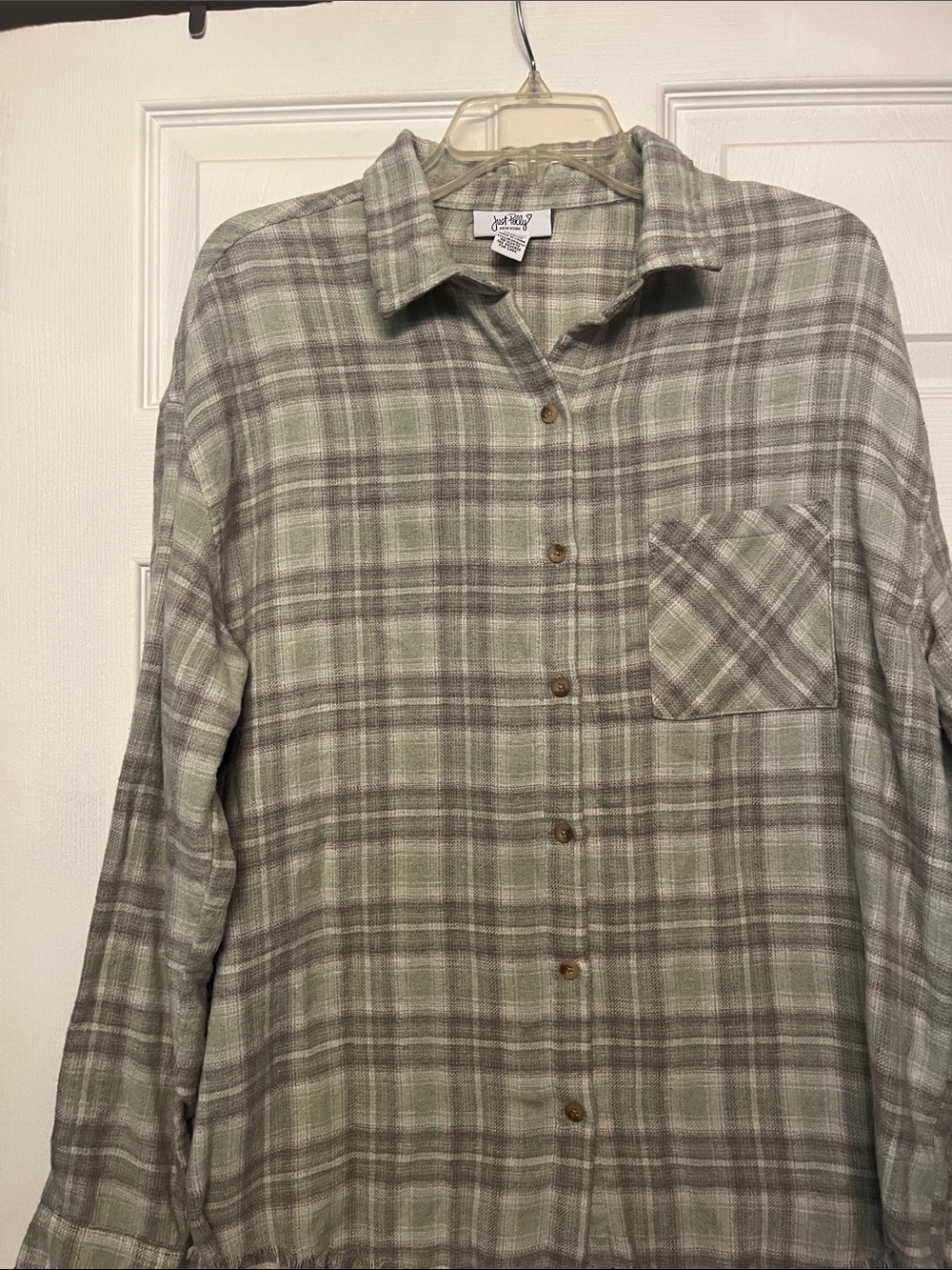 Just My Size Light Green and Gray Plaid Button-Down Shirt